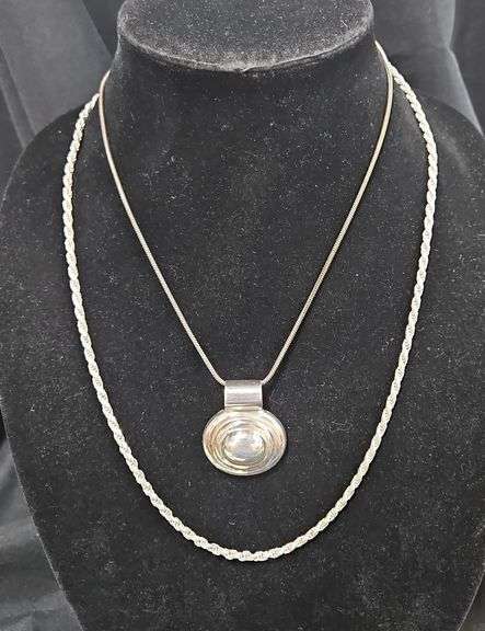 Sterling Silver Necklaces, Qty 2, And Sterling Silver Medallion Pendant