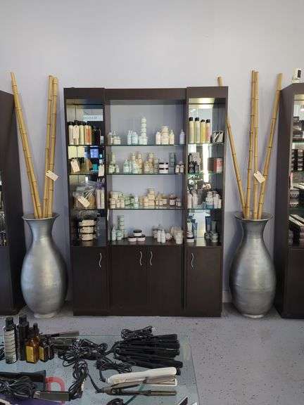 Salon 3-Section Display Cabinet With Mirrored Back, Glass Shelves And Lower Storage, Contents NOT Included, Friday Pick Up ONLY