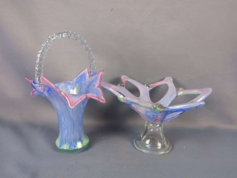 Art Glass Basket Vase and Pedestal Bowl