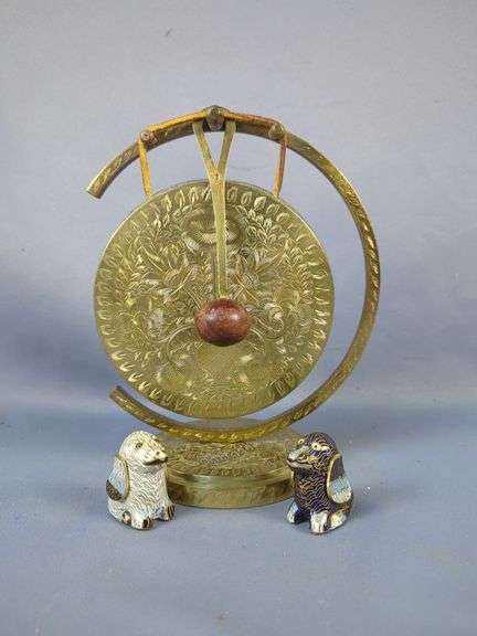 Etched Brass Gong On Stand With Cloisonné Dogs
