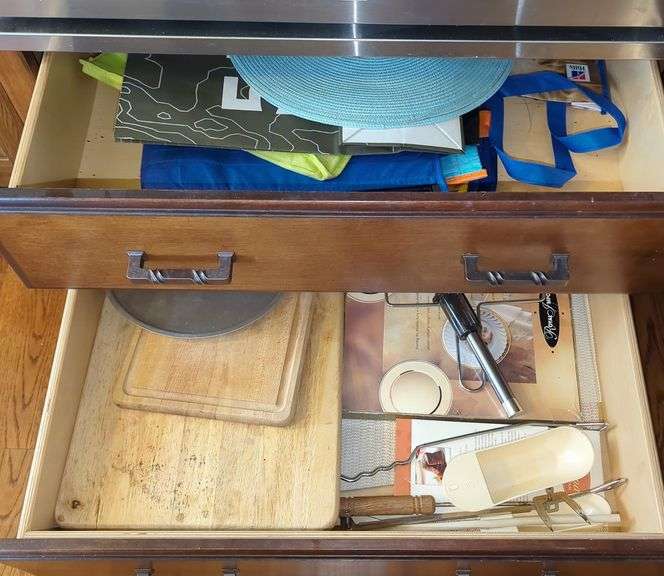 Assorted Kitchenware Including Wood Cutting Board, Cooking Utensils And More, Contents Of 2 Drawers