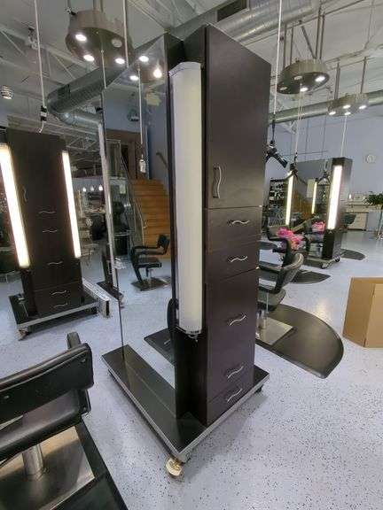 Double Sided Salon Styling Station With Rollout Storage And Power Supply On Casters