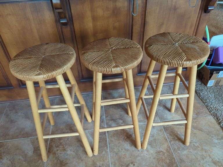 Wood Bar Stools with Woven Seats, 29.5"