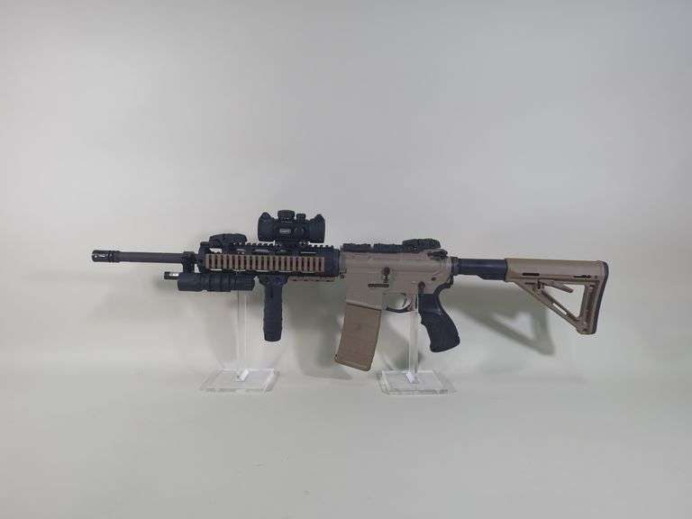 Roggio Arsenal RA-15 5.56 Nato Rifle SN# RA09060801, 2 Total Mags, Adjustable Stock, Flip Up Sights, Leapers Red/ Green Dot Sight, Laser, Flashlight