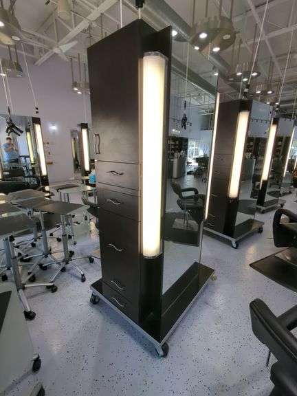 Double Sided Salon Styling Station With Rollout Storage And Power Supply On Casters