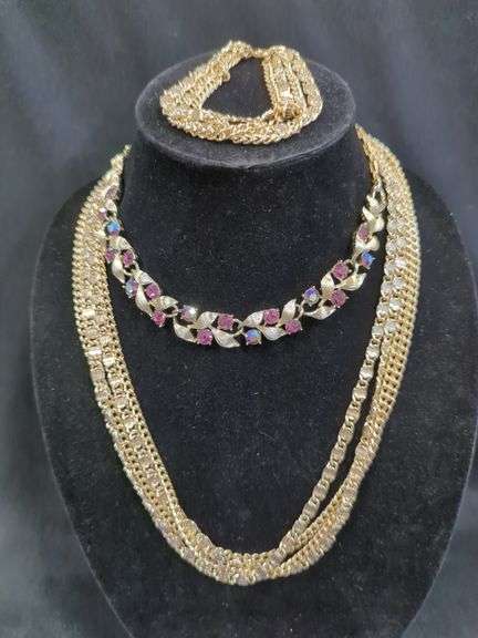 Ladies Rhinestone Choker and Sarah Coventry Layered Gold Tone Necklace and Bracelet Set