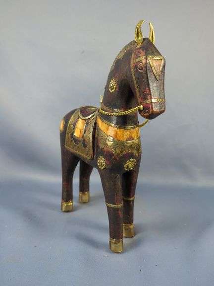 Hand Carved Wooden Horse Statue With Brass Accents
