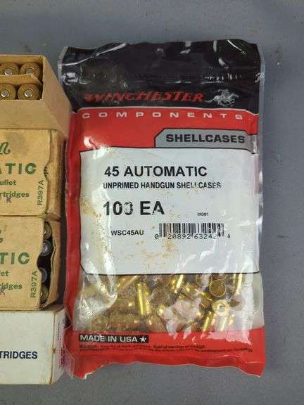 Winchester .45 Colt Ammo, Approx 34 Rds, Remington .45 Auto Ammo, Approx 100 Rds, Norma Rb Special Primed Empty Brass, Approx Qty 20, And Winchester .45 Auto Empty Brass, Approx Qty 100, Local Pickup Only