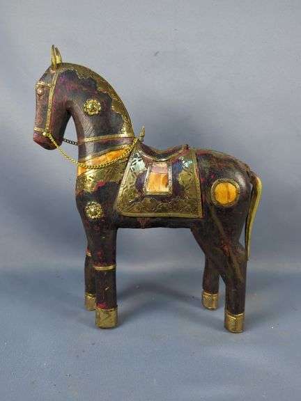 Hand Carved Wooden Horse Statue With Brass Accents