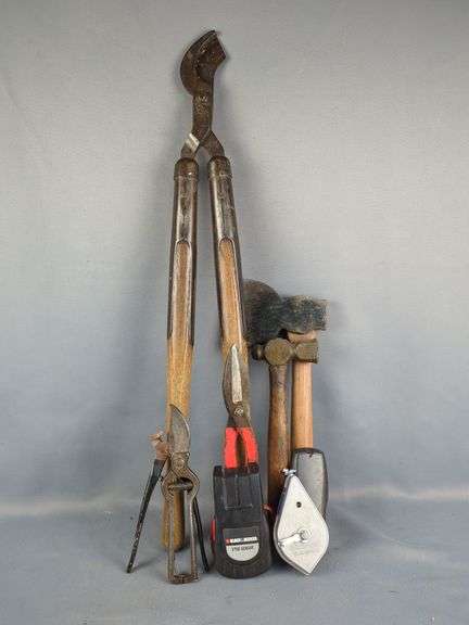 Assorted Tools: Pruners, Shears, Hammers, Stud Finders, and Chalk Line Reel