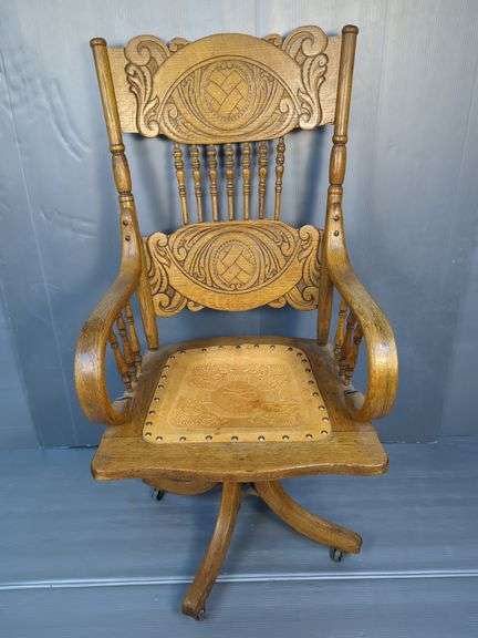 H.B. & W Co. Carved Wood Swivel Desk Chair