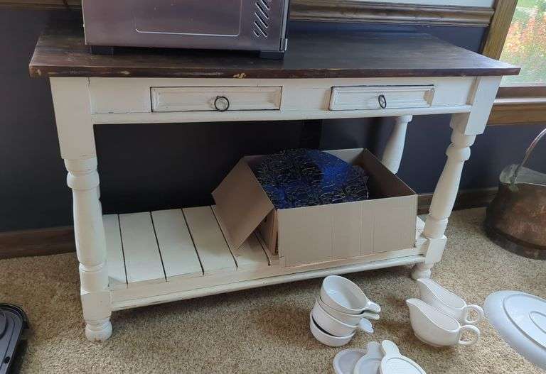 Antique Farm House Distressed Console Table with Drawers and Lower Slat Shelf