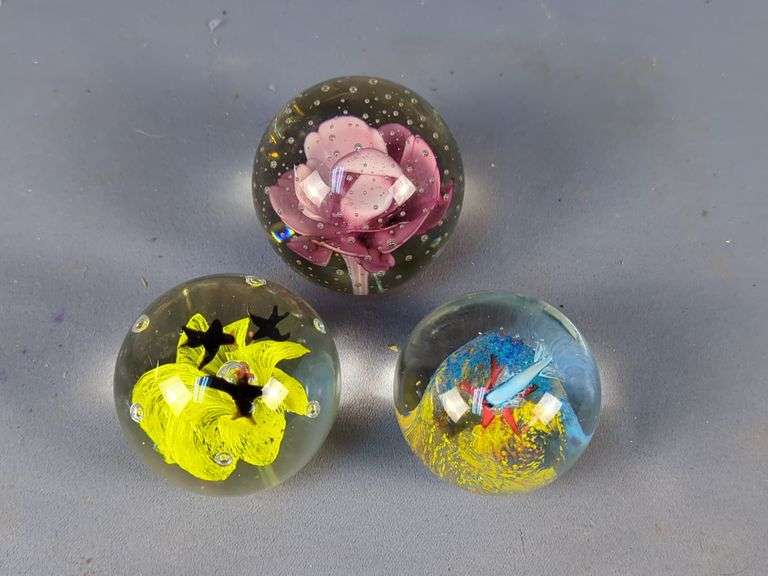 Decorative Glass Paperweights with Floral and Bird Designs