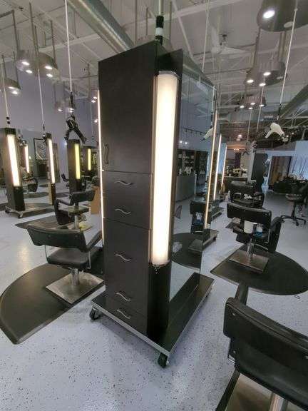 Double Sided Salon Styling Station With Rollout Storage And Power Supply On Casters