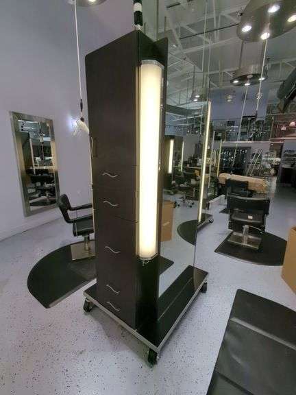 Double Sided Salon Styling Station With Rollout Storage And Power Supply On Casters
