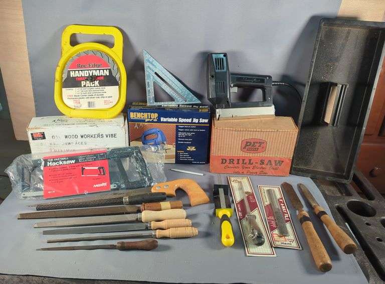 Benchtop Pro Variable Speed Jig Saw , Swingline Corded Nailer, Michigan Industrial Tools 6 1/2" Woodworkers Vise, And More