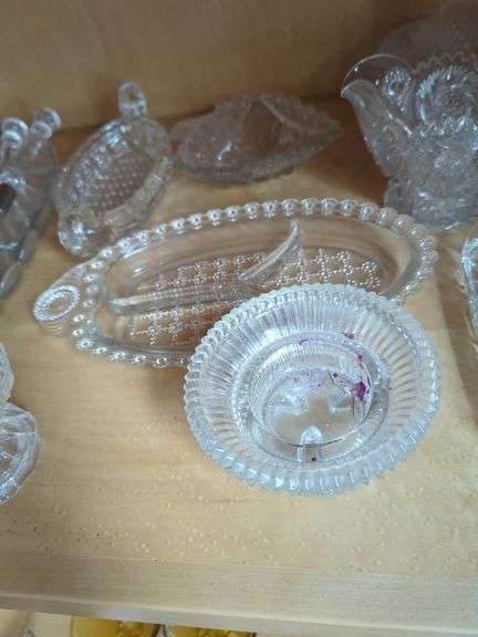 Decorative Cut Glassware Including Serving Bowls, Candy Dishes, Trays And More, Contents Of Shelf