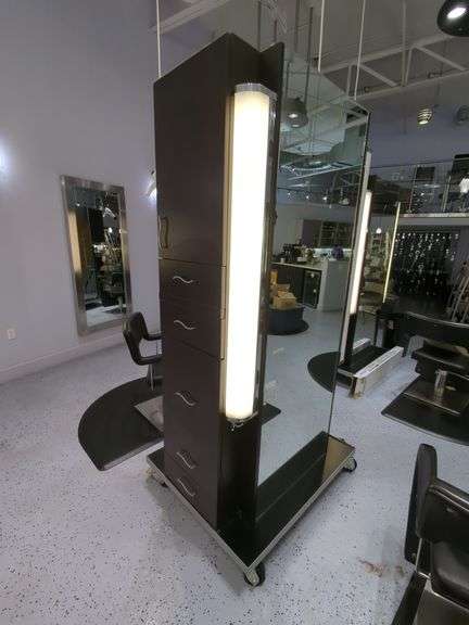 Double Sided Salon Styling Station With Rollout Storage And Power Supply On Casters