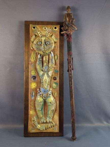 Sascha Brastoff Hand Crafted Pottery Wall Plaque & Staff With Figurine
