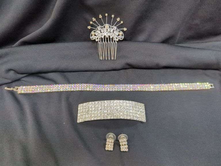Ladies Rhinestone Costume Jewelry Including Necklaces, Earrings, Hair Comb , And More