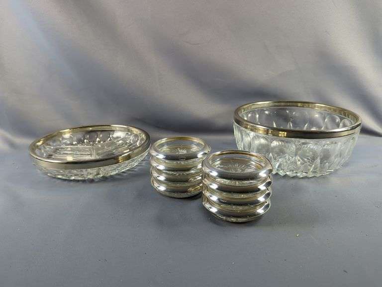 Cut Glass Serving Ware With Silver Toned Rims