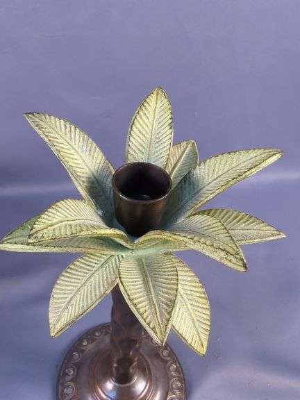Ceramic Elephant Motif Jar, Planter, and Metal Palm Tree Candlestick - 3 Piece Set