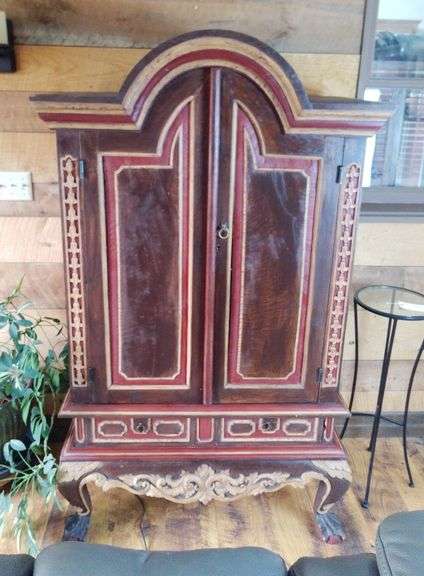 Antique Dutch Colonial Hand Painted 2-Door Cabinet With Ball And Claw Feet