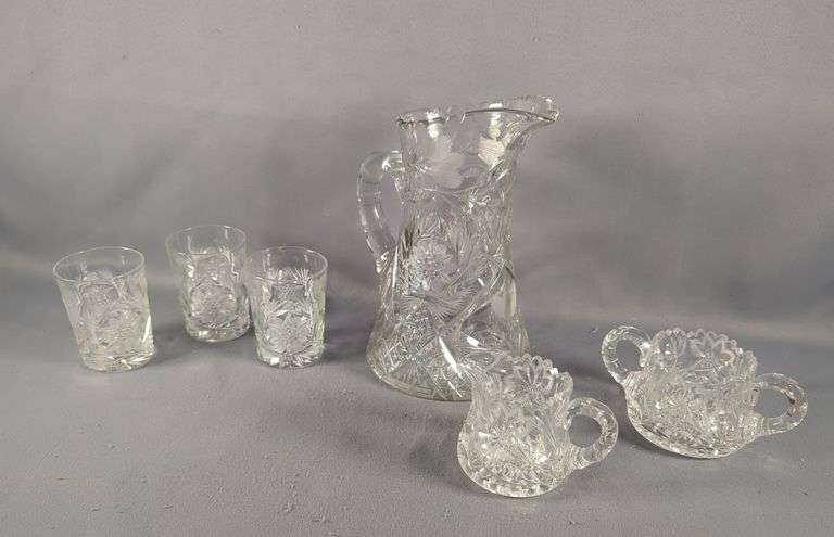Crystal Cut Glass Pitcher, Creamer, Sugar Bowl, And Glasses