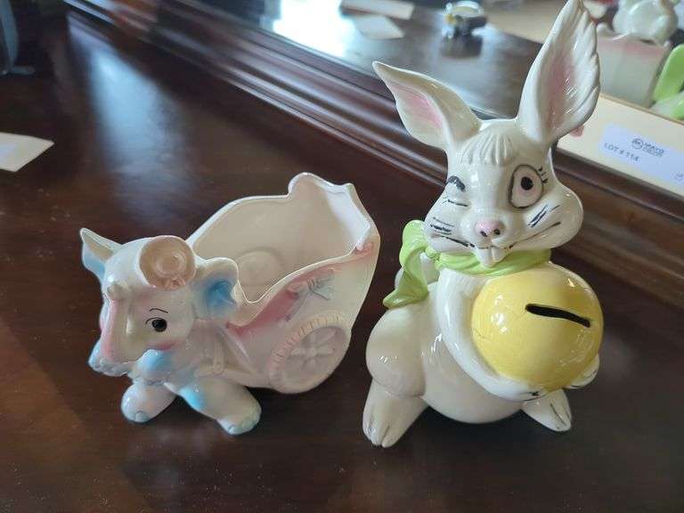Ceramic Bunny Bank and Velco Elephant Planter