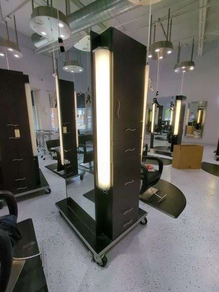 Double Sided Salon Styling Station With Rollout Storage And Power Supply On Casters
