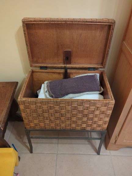 Wicker Storage Chest, Wooden Stools, and Wicker Stool