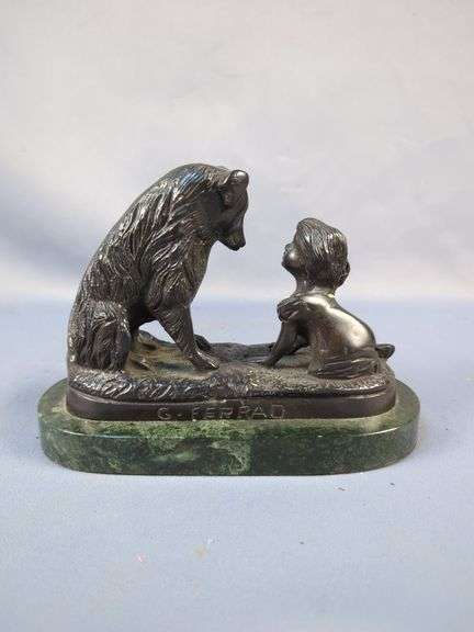 G. Ferrad Metal Sculpture, "Can't You Talk?" Child and Dog