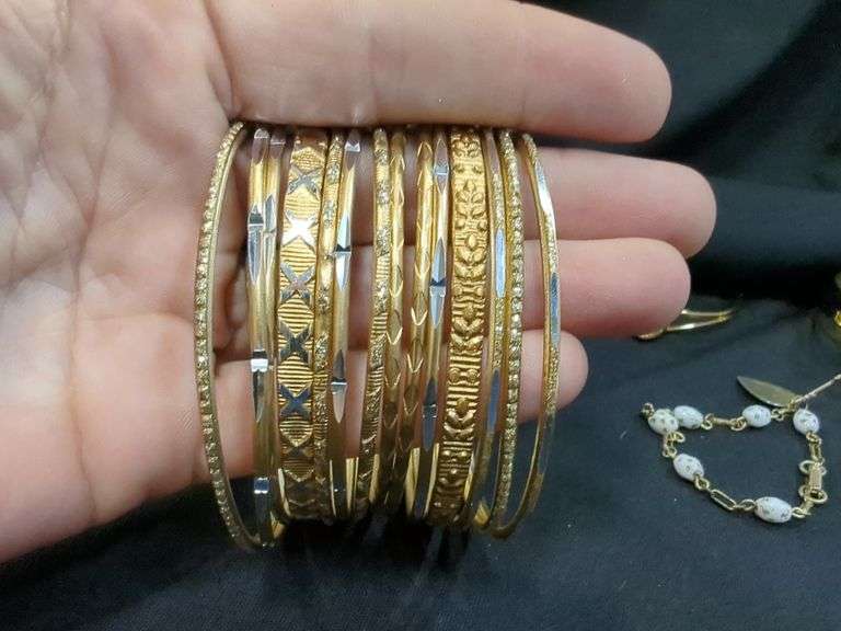 Ladies Gold Tone Bangle Bracelets, Qty 14, Cuff Bracelets, Qty 2 And Childs Charm Bracelet