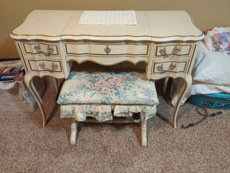 Vanity Table with Mirror and Upholstered Floral Stool