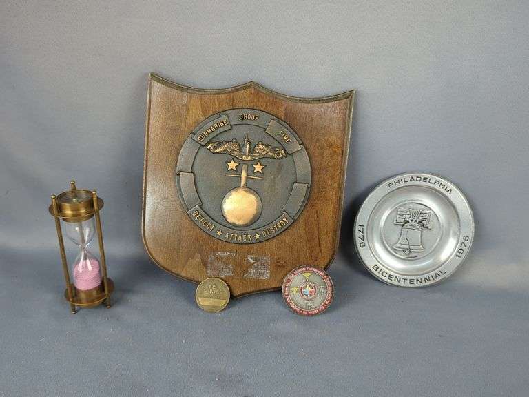 Military And Patriotic Items: Submarine Group Plaque, Bicentennial Plate, Hourglass & More