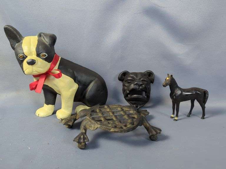 Cast Iron Dog Statue, Horse Figurine, Frog Trivet, and Bulldog Bottle Opener