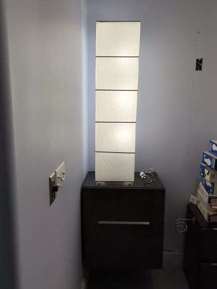 Modern Paper Tall Floor Lamp And Floating Cabinet, Bidder Responsible For Proper Removal,  Cabinets are Mounted To Wall.                                                                                                                                                                                                                                                                                                                                                                                                                                                                                                                                                                                                                                                                                                                                                                                                                                                                                                                