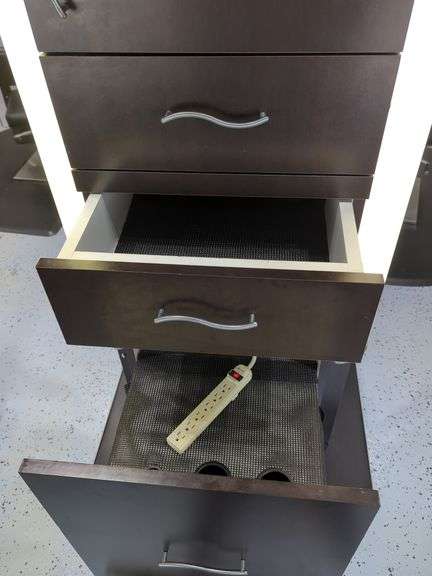 Double Sided Salon Styling Station With Rollout Storage And Power Supply On Casters