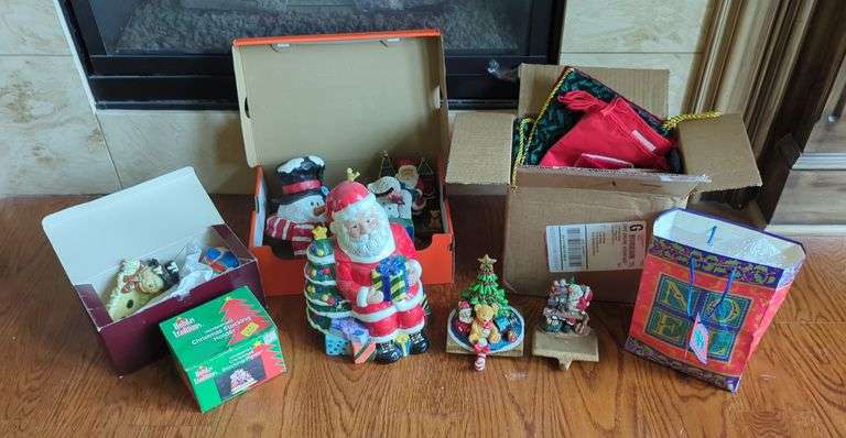 Holiday Decor Including Santa Cookie Jar, Stocking Holders And More
