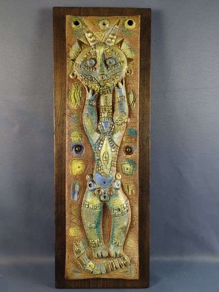 Sascha Brastoff Hand Crafted Pottery Wall Plaque & Staff With Figurine