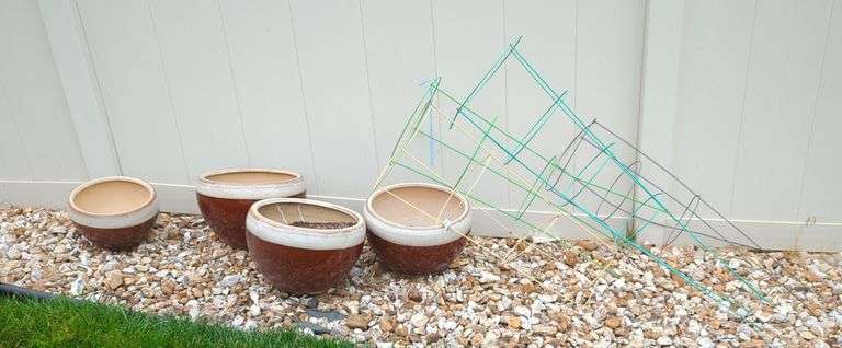 Assorted Ceramic Garden Pots Including Tomato Cage