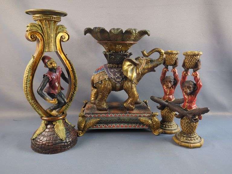 Decorative Monkey & Elephant Candle Holder Lot