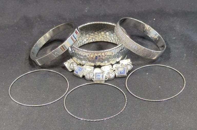Ladies Silver Tone Bangle Bracelets, and Tennis Bracelet With Magnetic Closure Qty 6