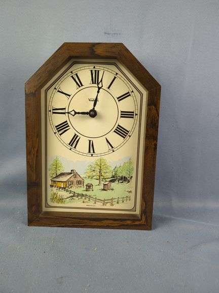 Verichron Wooden Framed Wall Clock with Cabin Scene, 12" x 8.5"