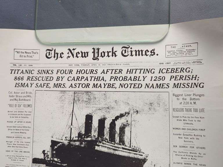 Titanic Sinks April 16, 1912 New York Times Newspaper Reprint