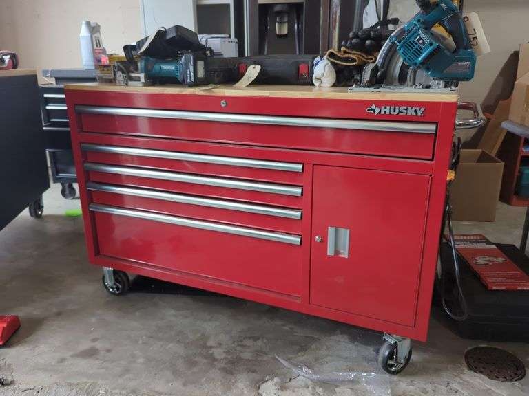 Husky Rolling Tool Chest with Key, Wood Top and Power Strip, Contents Not Included, Friday Pick Up Only