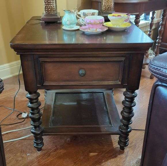 Wood End Table with Drawer and Bobbin Legs