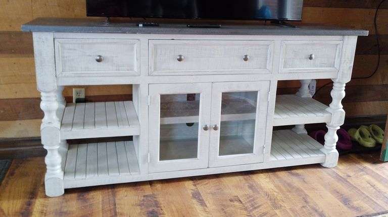 Distressed Farmhouse 3-Drawer Media Console Table With Glass Doors and Shelving