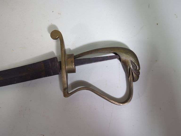 Antique Sword, Brass Guard With Eagle Head Design, Some Embossing On 29.5" Blade, No Grip, Guard Detaches From Blade