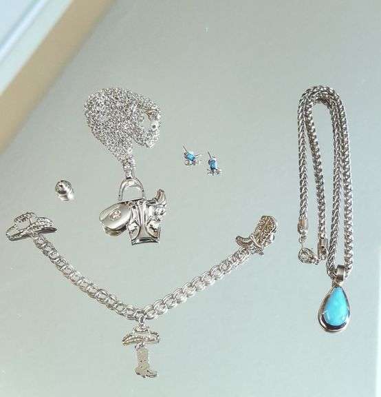 Sterling Silver Western Theme Jewelry Including Cowboy Boot Turquoise Earrings, Charm Sweater Pin And More